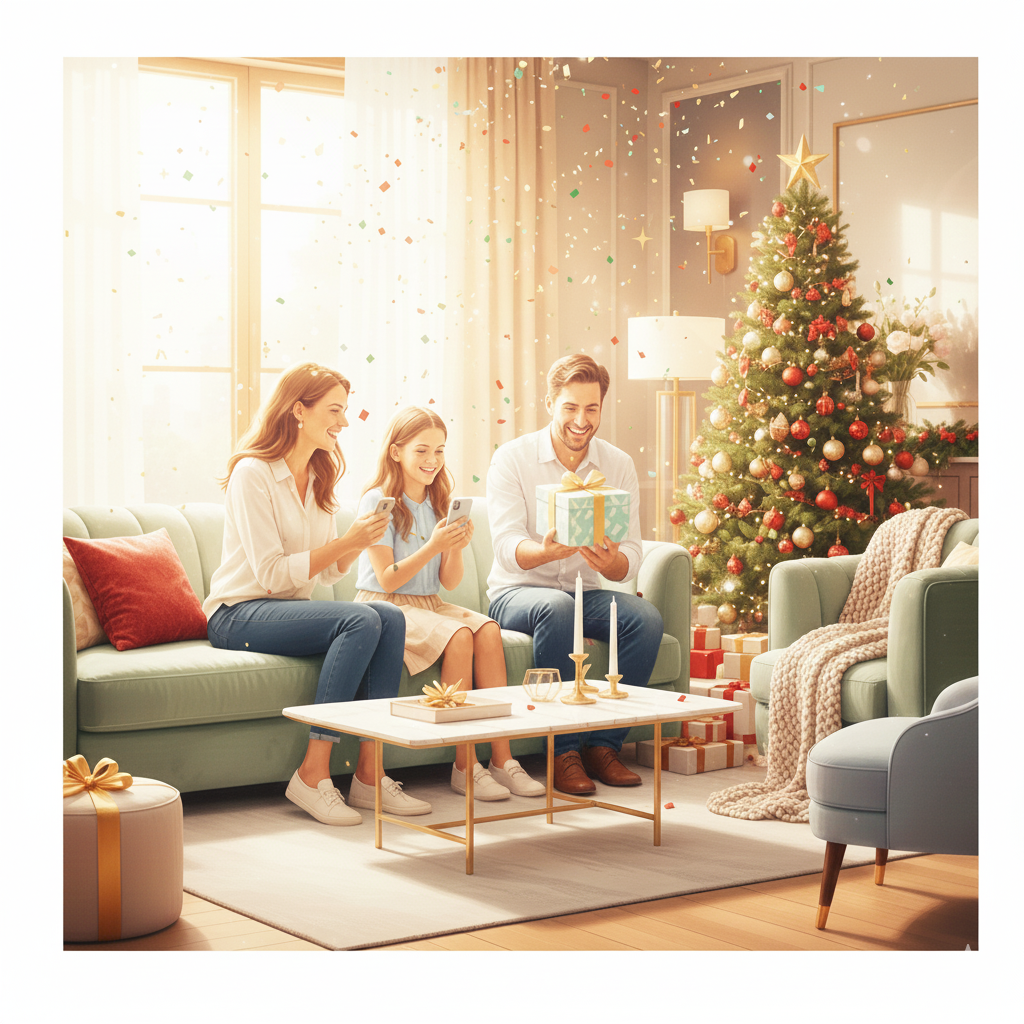Joyful family celebrating Christmas together with gifts